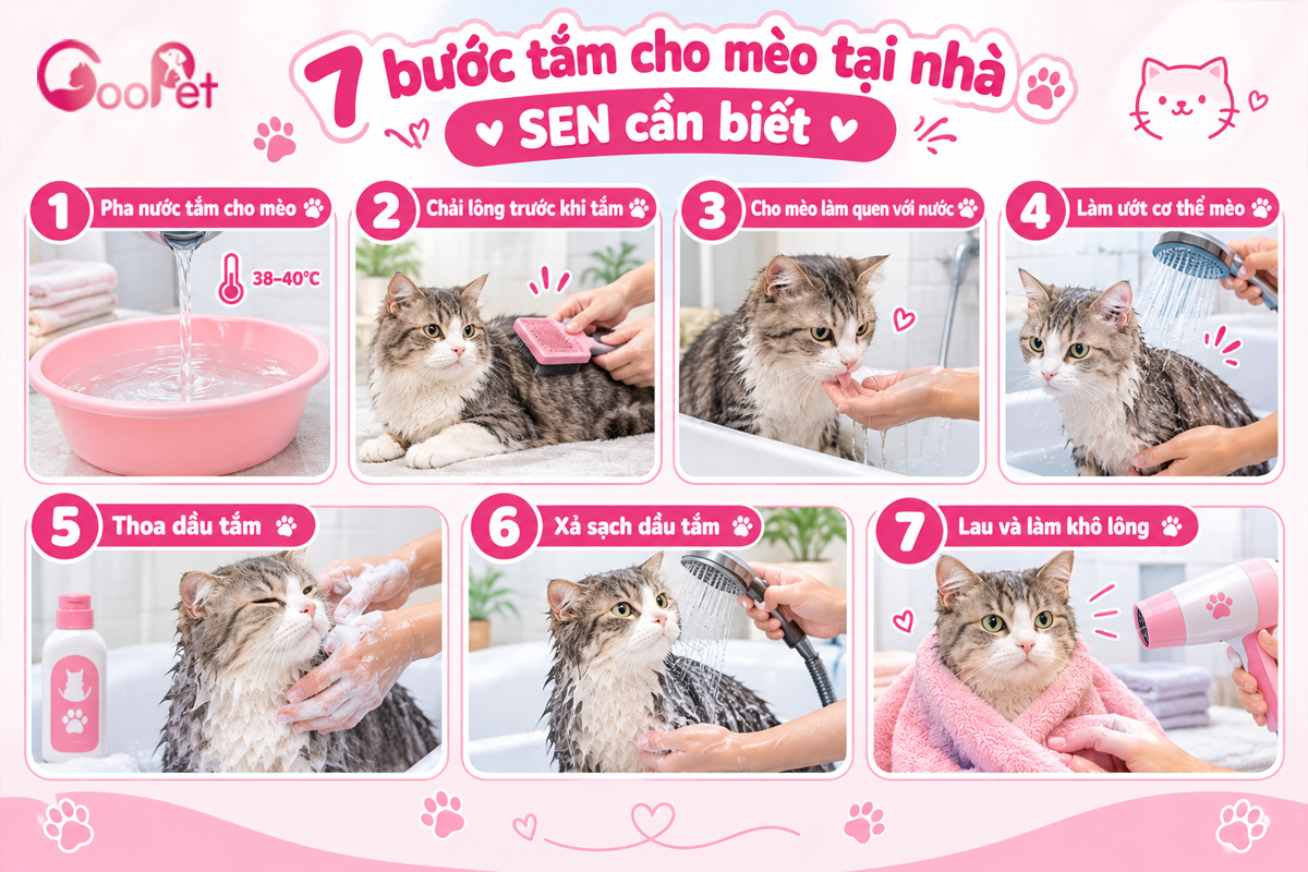 7 bước tắm cho mèo tại nhà