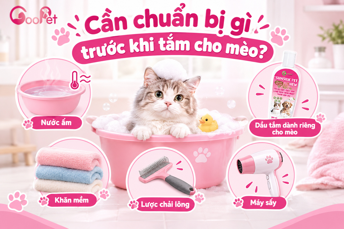 Chuẩn bị dụng cụ trước khi tắm cho mèo