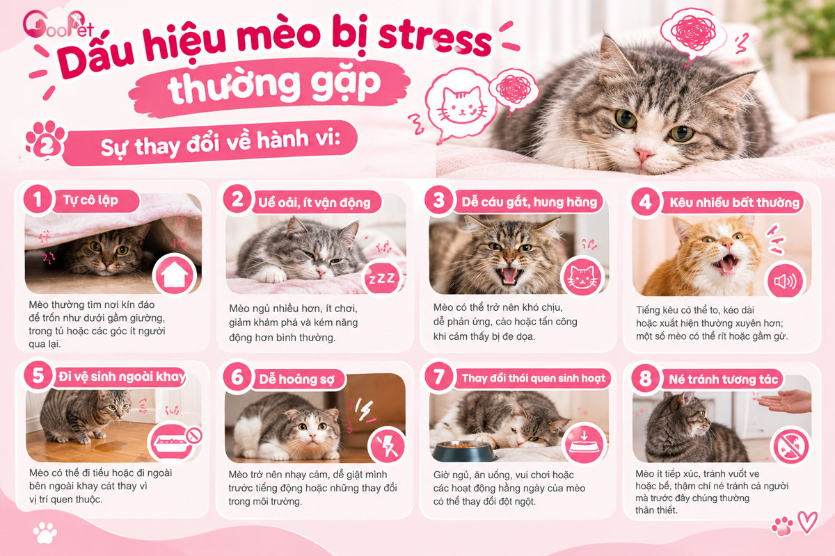 Một số dấu hiệu mèo bị stress thường gặp (nhận biết qua sự thay đổi hành vi)